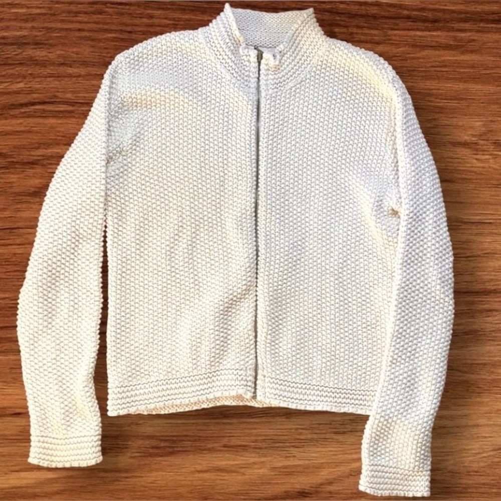 Oona New England Textured Heavy Knit Zip Cardigan Cream Minimalist Cottage S/M